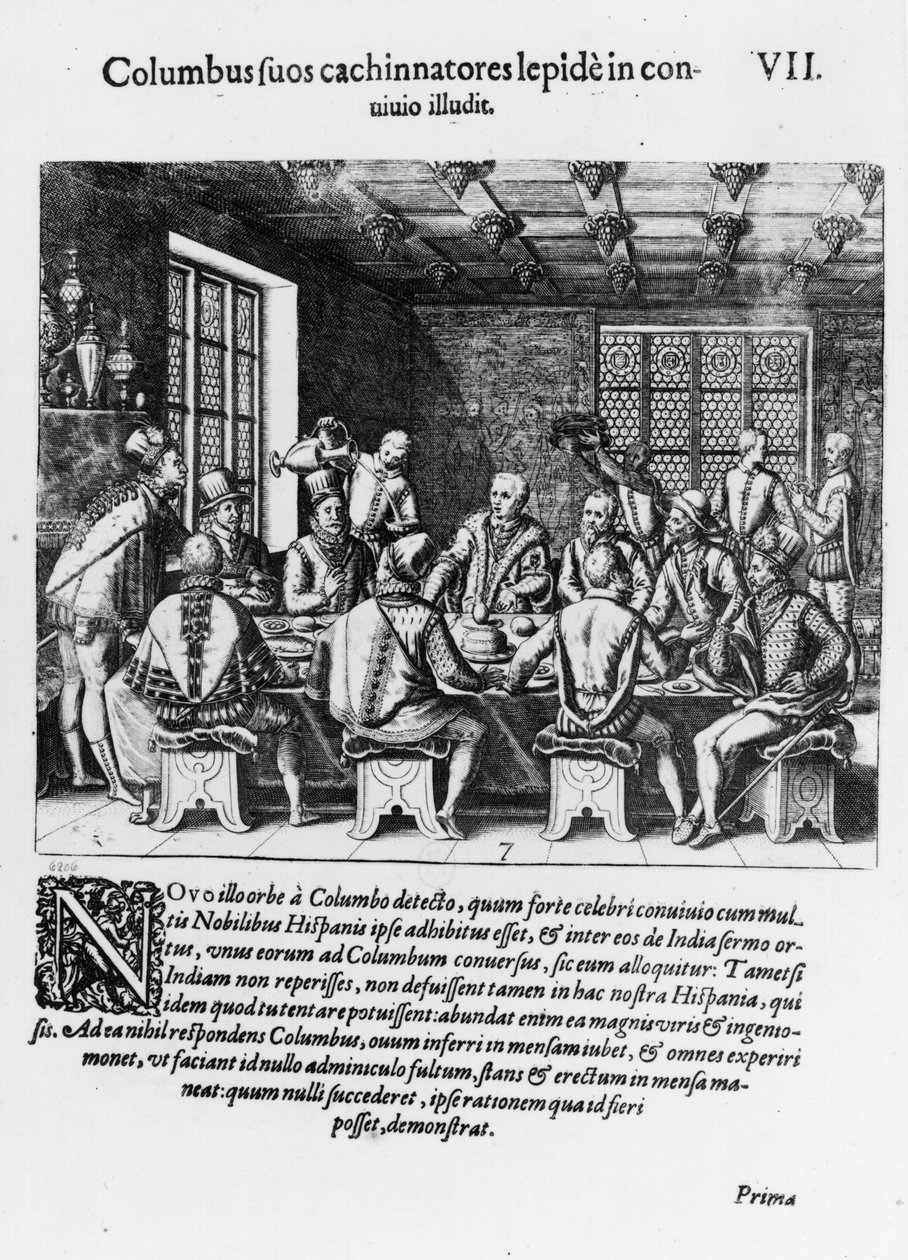 Kolumbusz Kristóf tojásának története (1450-1506) 1585-88 (metszet) (bw fotó) alkotó: Theodore de Bry
