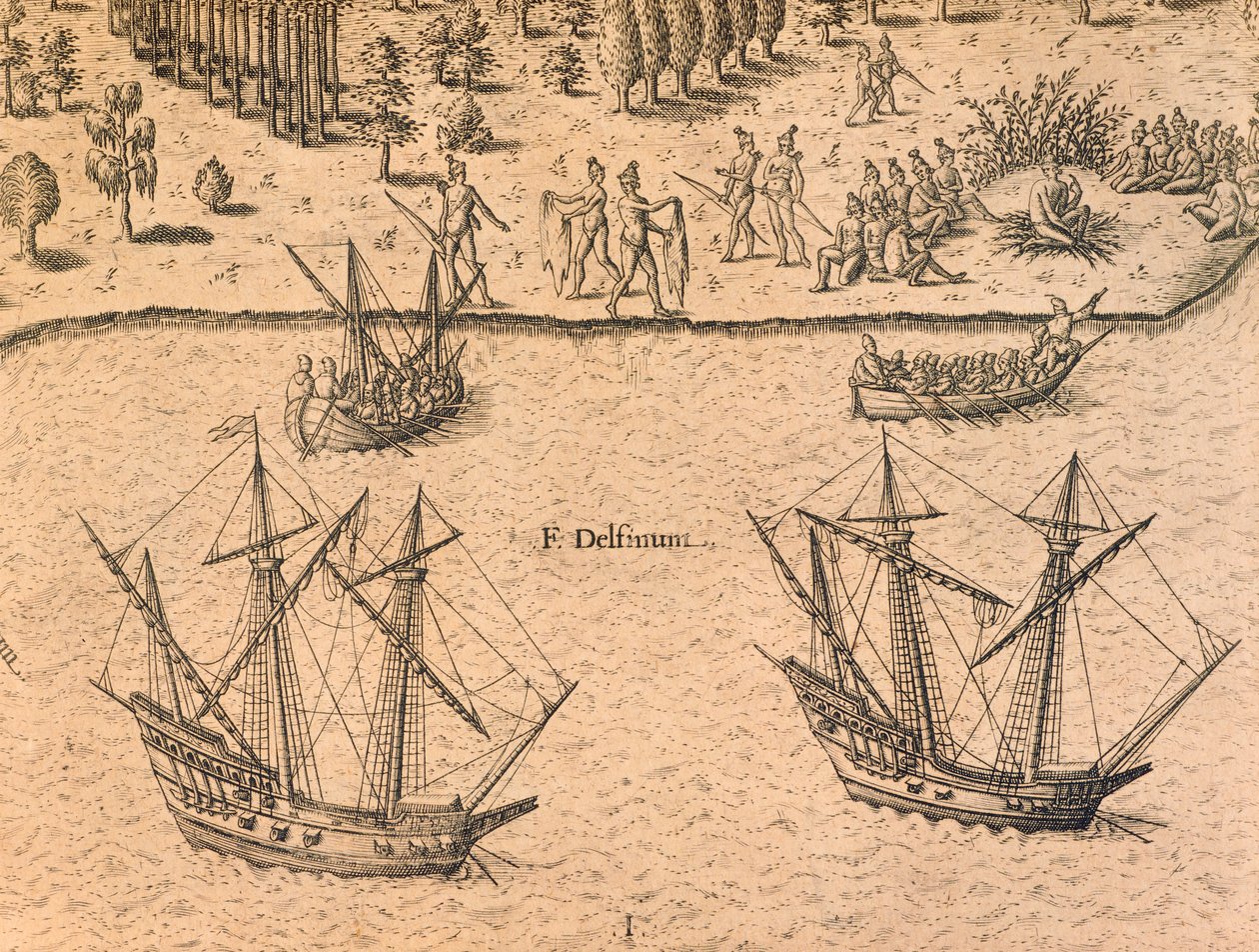 Francia hajók érkezése Floridába alkotó: Theodore de Bry