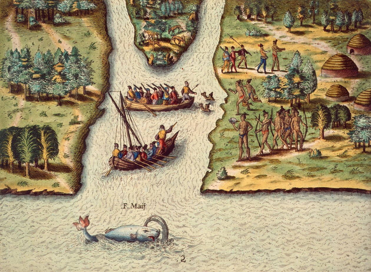 A franciák érkezése, Theodore de Bry (1528-1598) metszete a Floridai beszédből. alkotó: Theodore de Bry