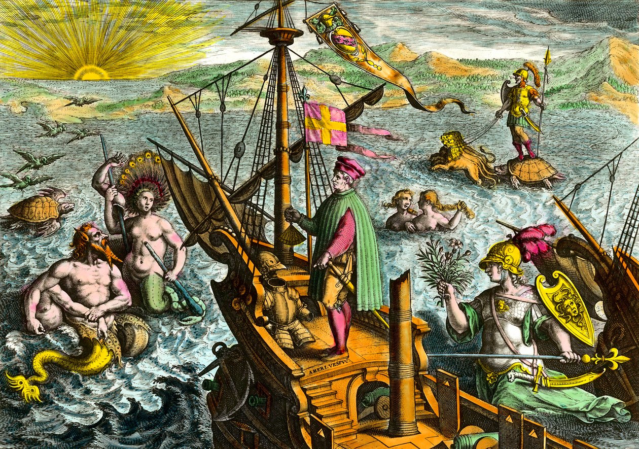 Amerigo Vespucci olasz navigátor (1454-1512) hajója alkotó: Theodore de Bry
