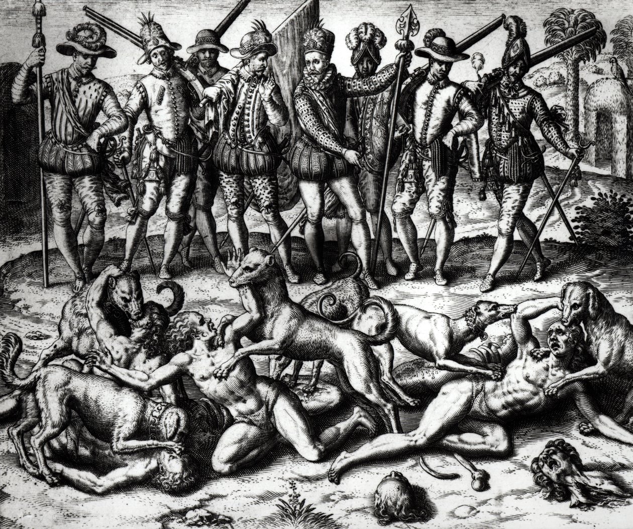 Vasco Nunez de Balboa (1475-1571) kutyái megtámadják az indiánokat alkotó: Theodore de Bry