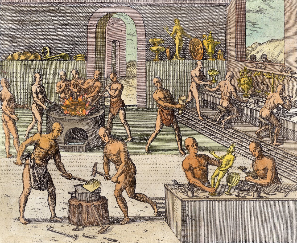 Atahualpa ötvöseinek műhelye Quitóban, Girolamo Benzoni beszámolójából, Johann Ludwig Gottfried „Newe Welt und Americanische Historien” című művéből, Mattaeus Merian, Frankfurt, alkotó: Theodore de Bry