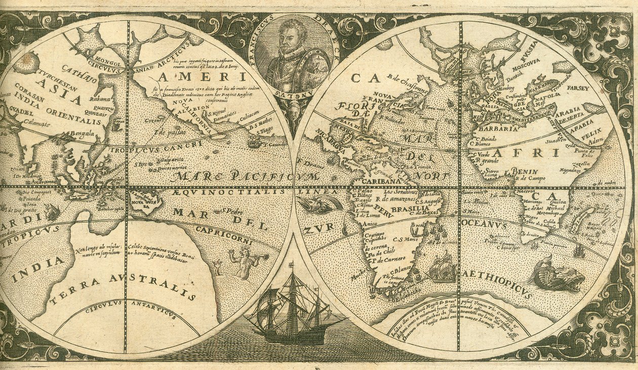 Az Americae Pars VIII címlapja Francis Drake és hajója, a Golden Hind portréjával, 1 alkotó: Theodore de Bry