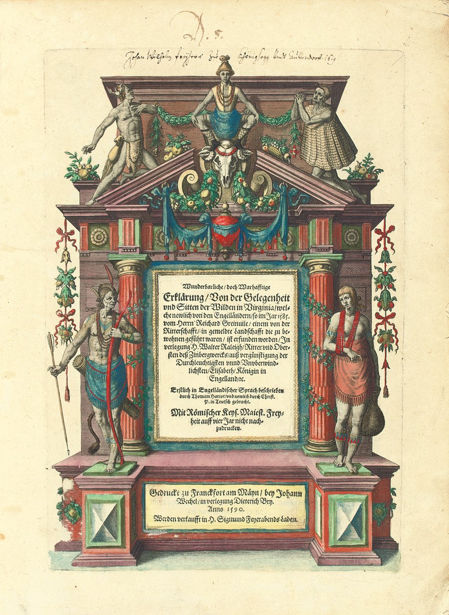 A „Nagy utazások: Amerika” első részének első német nyelvű kiadásának címlapja, 1590 alkotó: Theodore de Bry