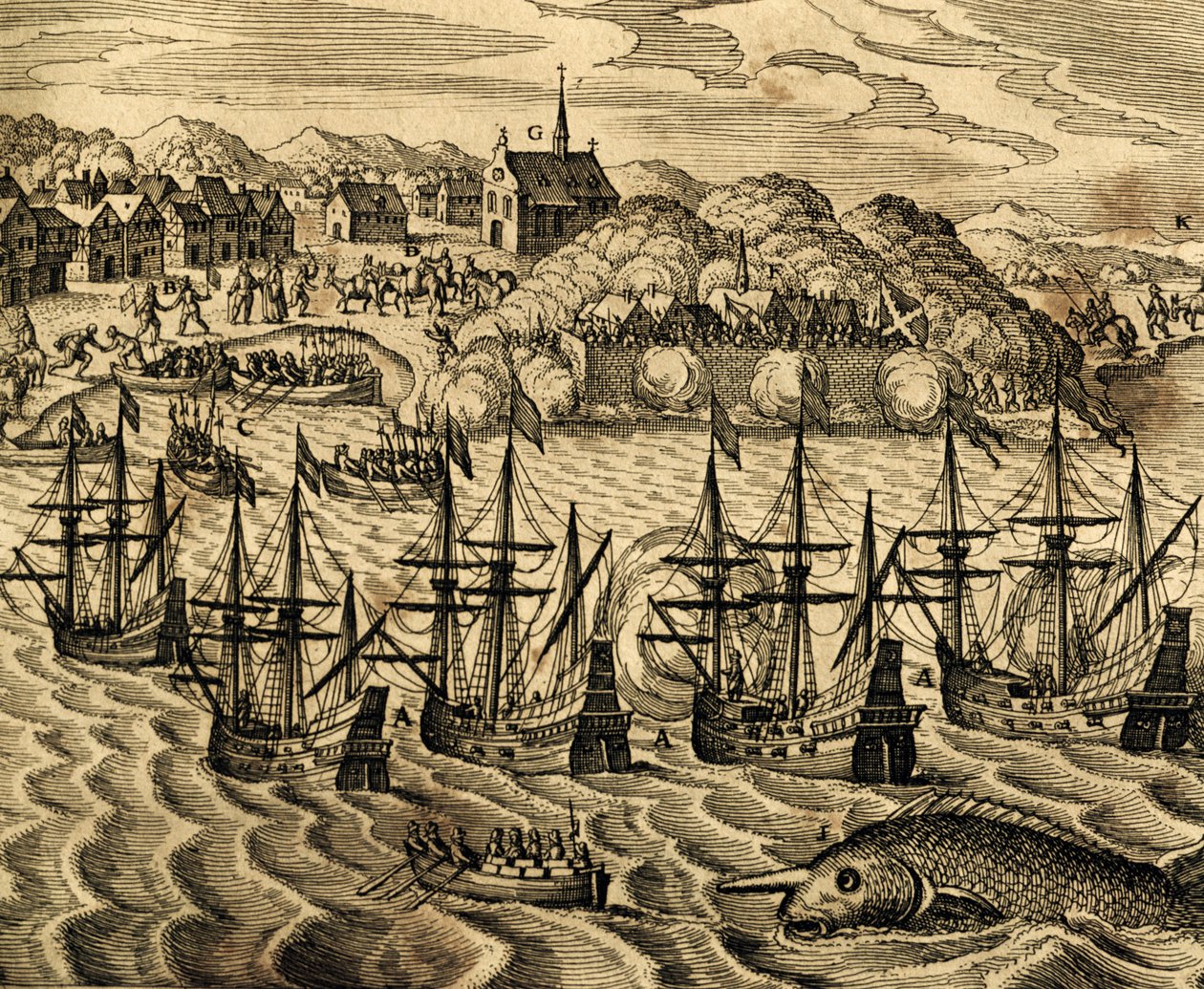 A mexikói Acapulco kikötő képe, metszet a Historia Americae-ból, Theodor de Bry (1528-1598), Frankfurt alkotó: Theodore de Bry