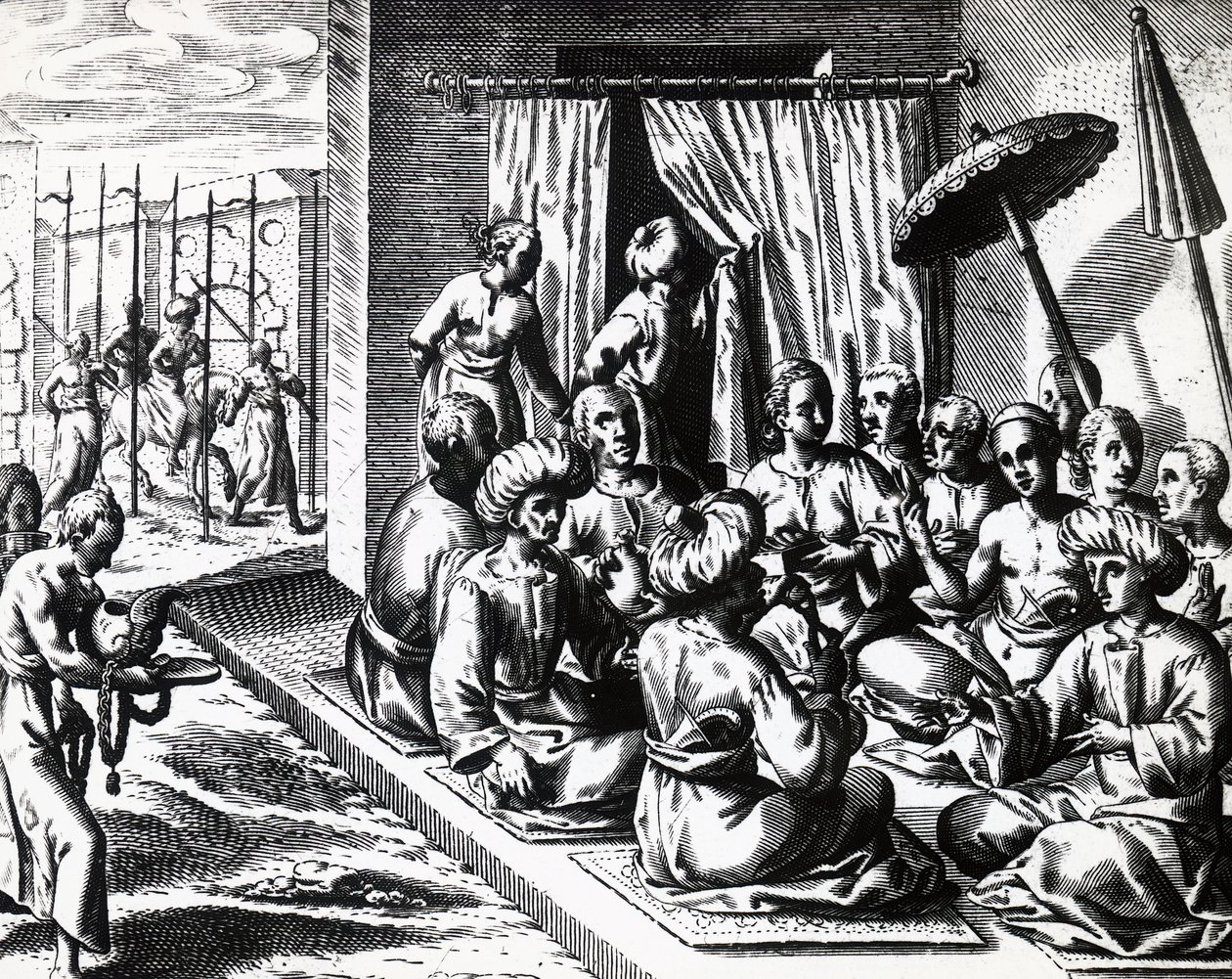 Esküvői szertartás Bantamban, Jáva szigetén, Theodor de Bry (1528-1598) metszete. metszet alkotó: Theodore de Bry