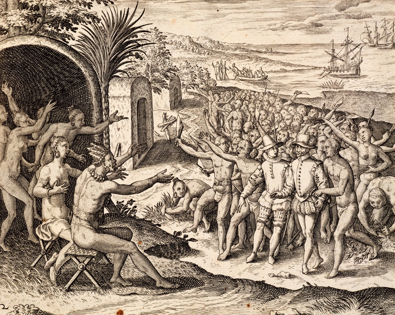 Üdvözlő holland, metszet az India orientalis művéből, Theodor de Bry (1528-1598), Indonézia alkotó: Theodore de Bry