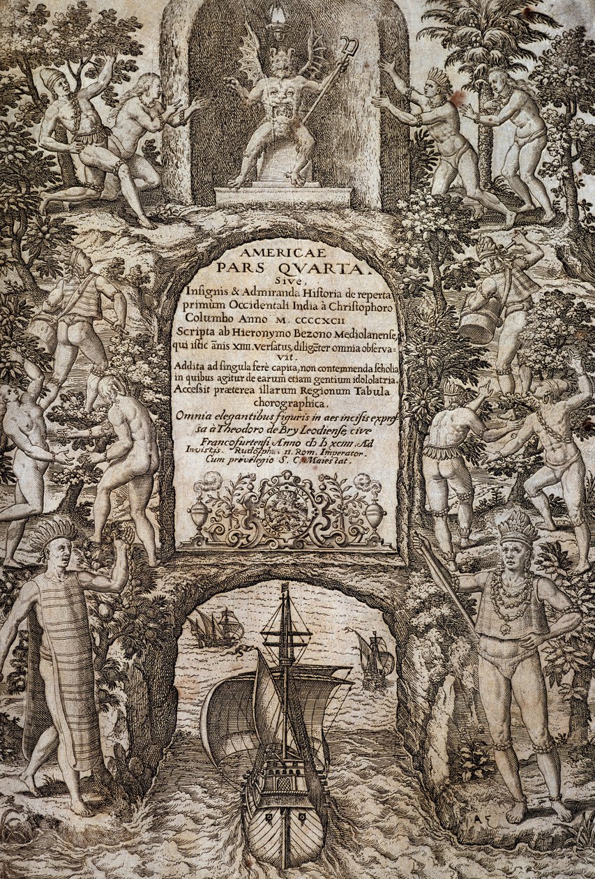 Nyugat-India vagy Amerika, Theodor de Bry (1528-1598), előlap, metszet alkotó: Theodore de Bry