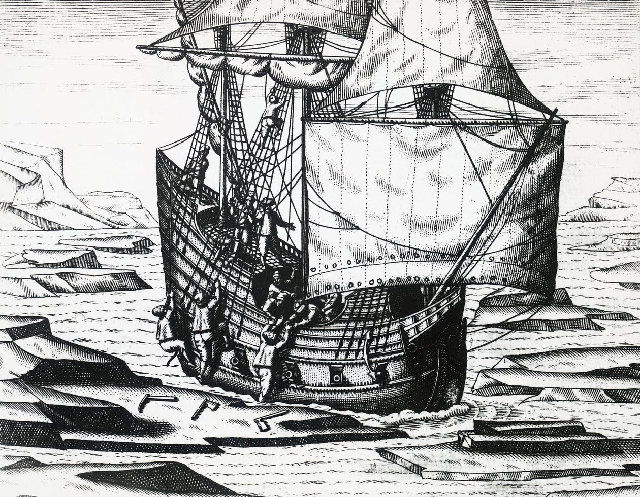 William Barents (kb. 1550-1597) hajója az észak-keleti átjárót kereső harmadik holland expedíció során, Theodor de Bry (1528-1598), metszet alkotó: Theodore de Bry