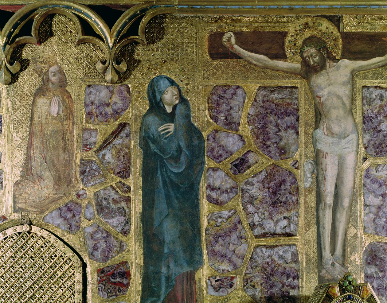 IV. Károly (1316-78) az imában, a Szűzanya és a keresztes Krisztus, a Szent Vencel-kápolnából (tempera és arany a táblán) alkotó: Theodoricus of Prague