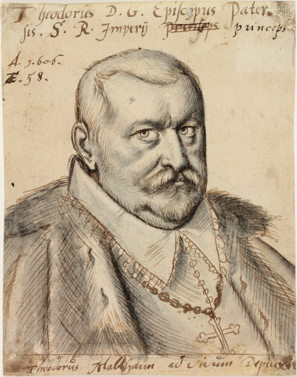 Theodore de Fürstenberg, Paderborn püspöke, 1606 (toll és tinta és mosás papíron) alkotó: Theodorus Malthann