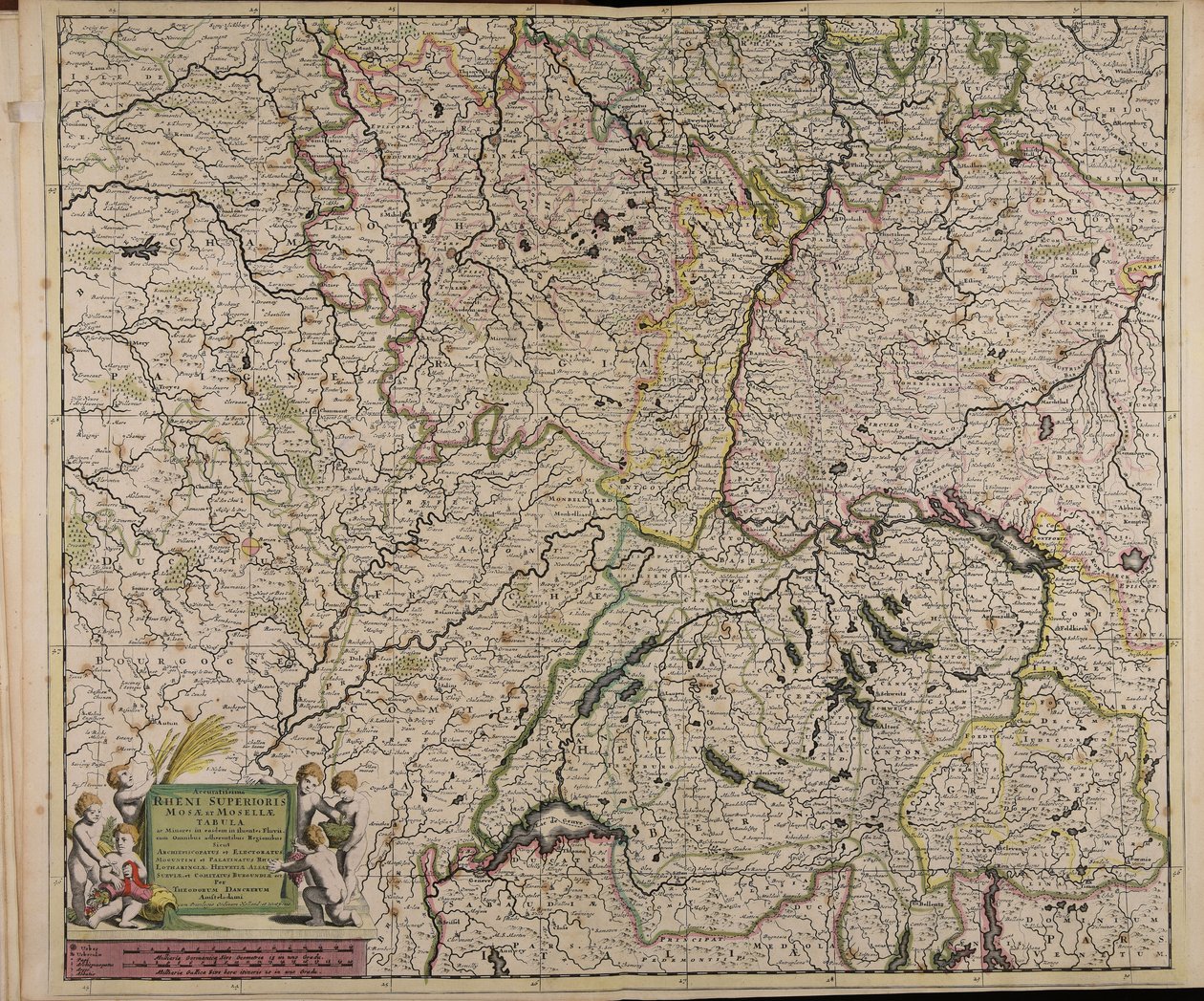 Accuratissima Rheni superioris Mosae et Mosellae tabula ac minores in eosdem in fluentes fluvii cum omnibus adherentibus regionibus sicut archiepiscopatus et electoratus Moguntini et Palatinatus Rheni Lotaringiae Helvetiae Alsatiae Sueviae et comitatus Bur alkotó: Theodorus Danckerts