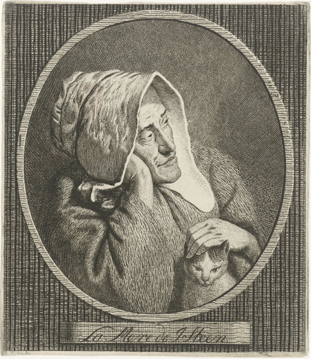 Idős nő macskával La Mere de J. Steen (cím a tárgyon) alkotó: Theodorus de Roode