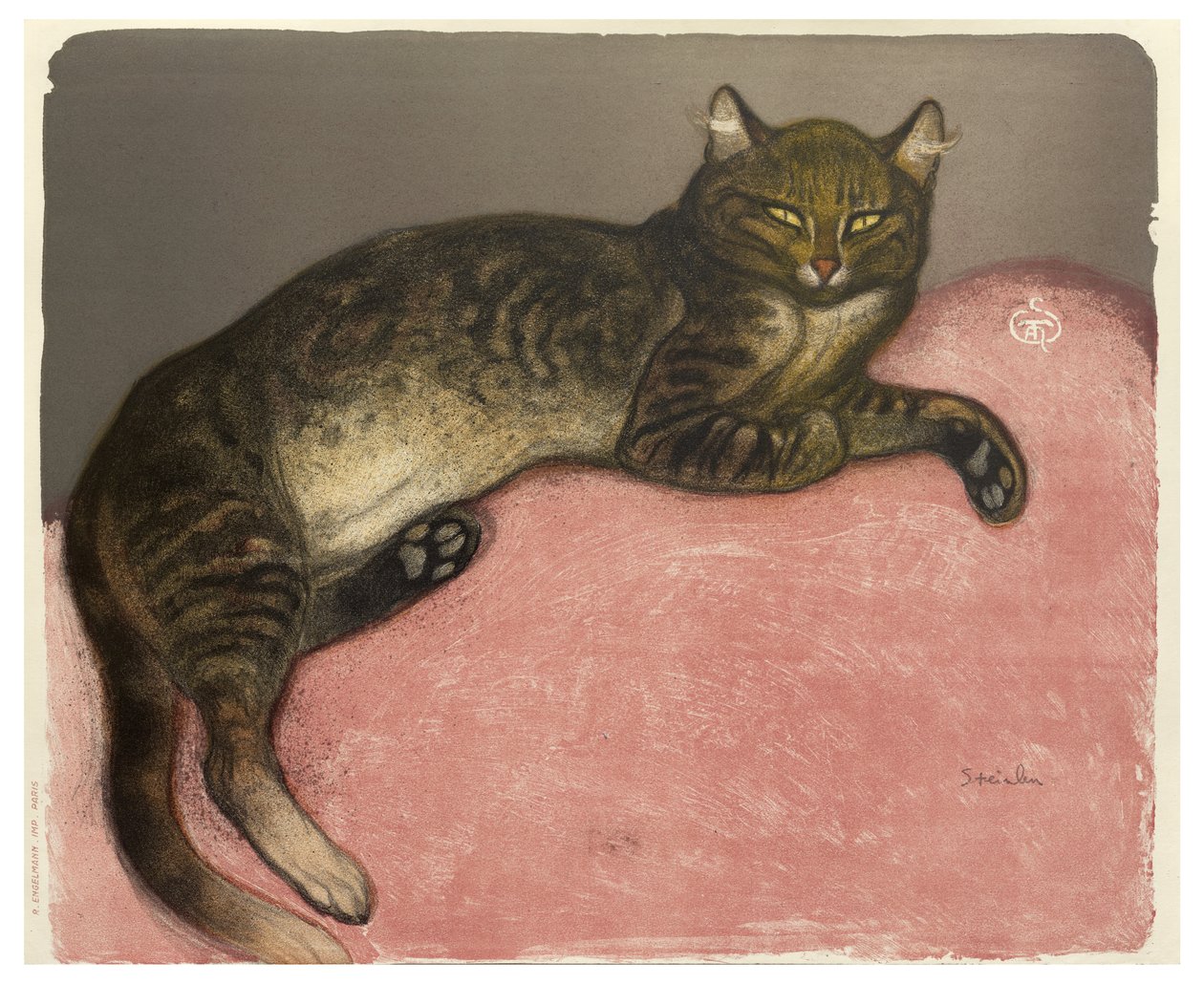 Tél, macska párnán, 1909 (színes litho, krémszínű szőtt papíron) alkotó: Théophile Alexandre Steinlen