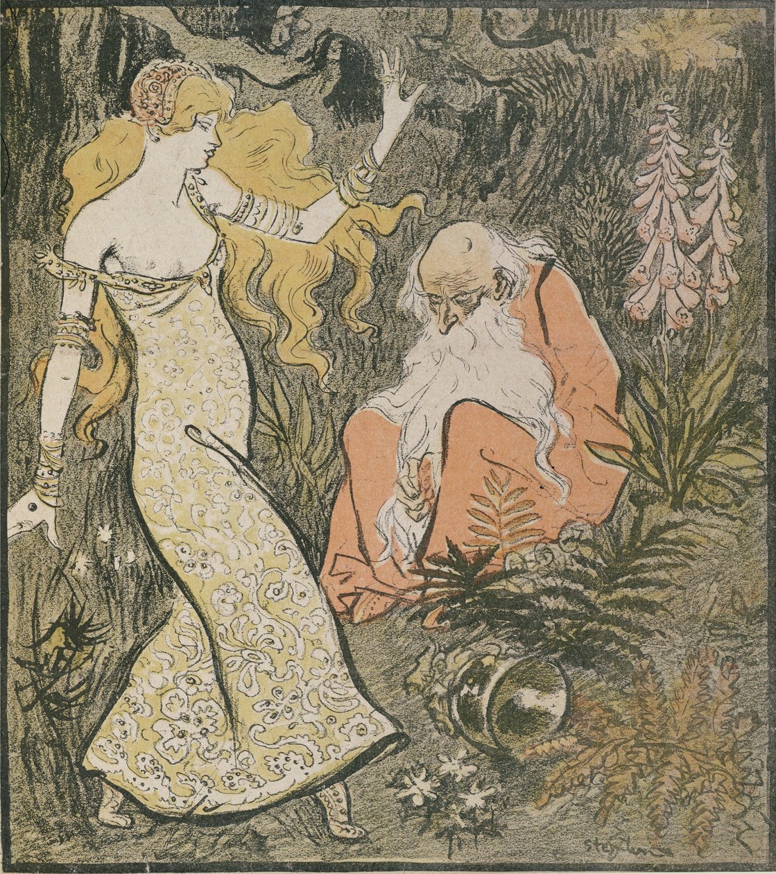 A varázsló Merlin és a tündér Vivien a broceliandei erdőben, a Broceliande című darabból, Jean Lorrain (1855-1906) darabjából alkotó: Théophile Alexandre Steinlen
