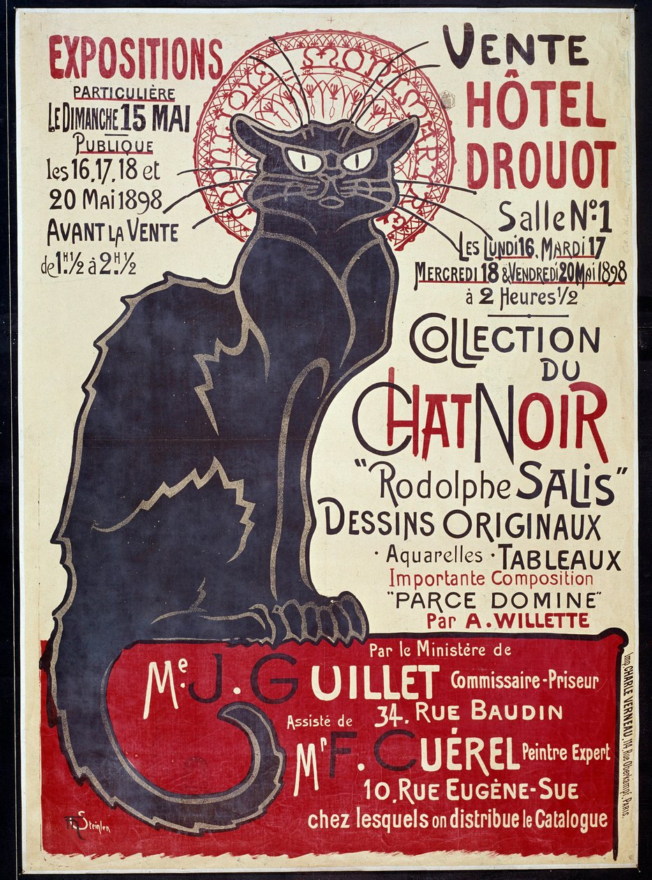 Reklámplakát, amely bejelenti, hogy a Hotel Drouotban 1898-ban eladják a Cat Noir kollekciót és Rodolphe Salis műveit, Illusztráció: Theophile Alexandre Steinlen (1859-1923) alkotó: Théophile Alexandre Steinlen