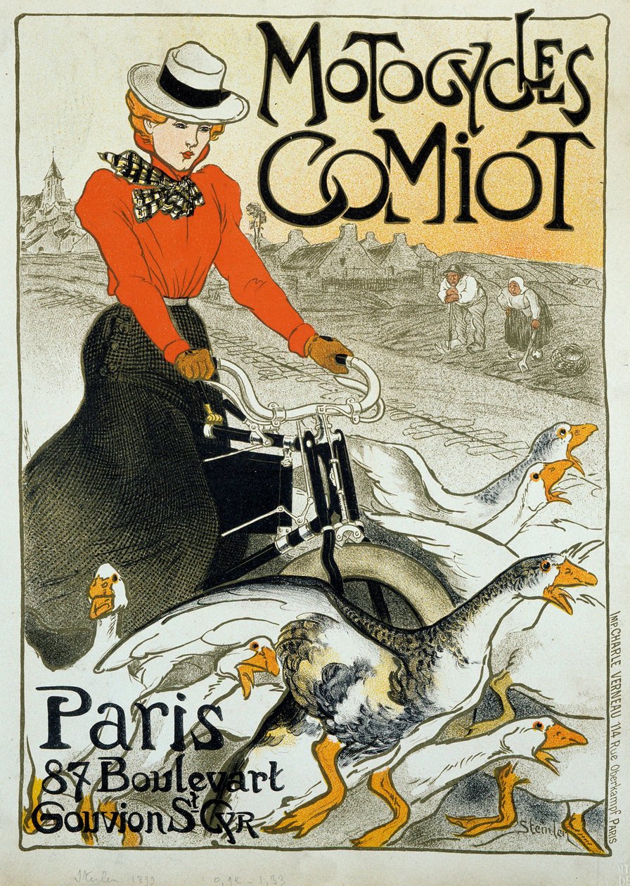 Comiot motorkerékpárok reklámplakátja. Egy fiatal nő mopeden gurul egy csapat liba között. Theophile Alexandre Steinlen (1859-1923) plakátja. 1899. Párizs, díszítőművészet. alkotó: Théophile Alexandre Steinlen