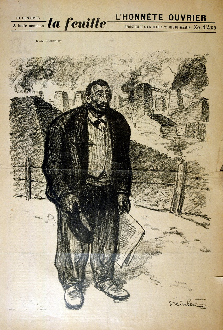 Alexandre Steinlen (1859-1923), svájci születésű francia szecessziós festő és nyomdász rajza egy szegény gyári munkásról az ipari tájon alkotó: Théophile Alexandre Steinlen