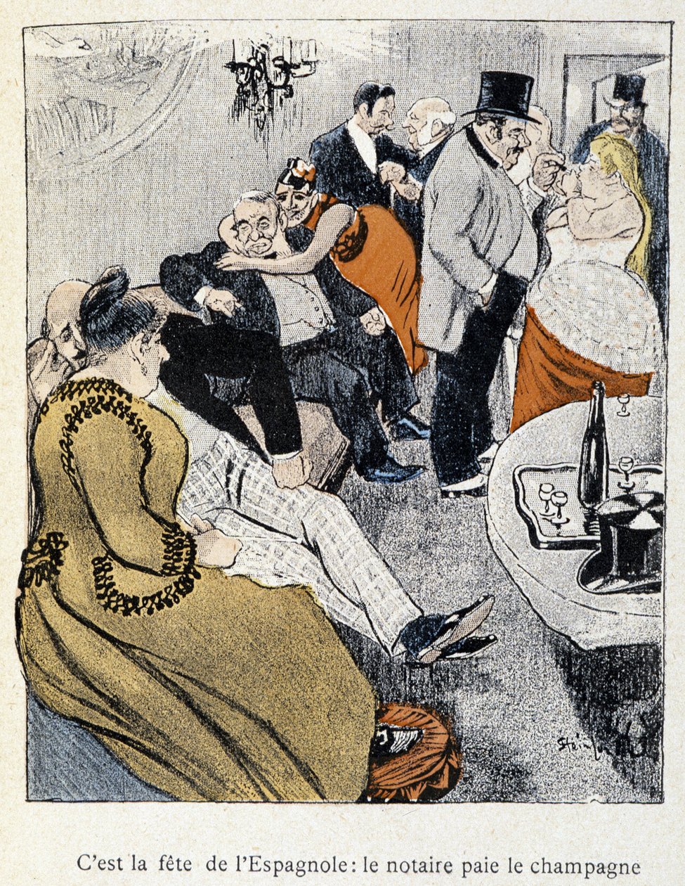 Filles et Marlous: A spanyolok ünnepe: a közjegyző fizeti a pezsgőt – a „Dans la vie”-ben, Steinlen 1901-ben (ugyanaz a rajz, mint a 27695. sz.) alkotó: Théophile Alexandre Steinlen