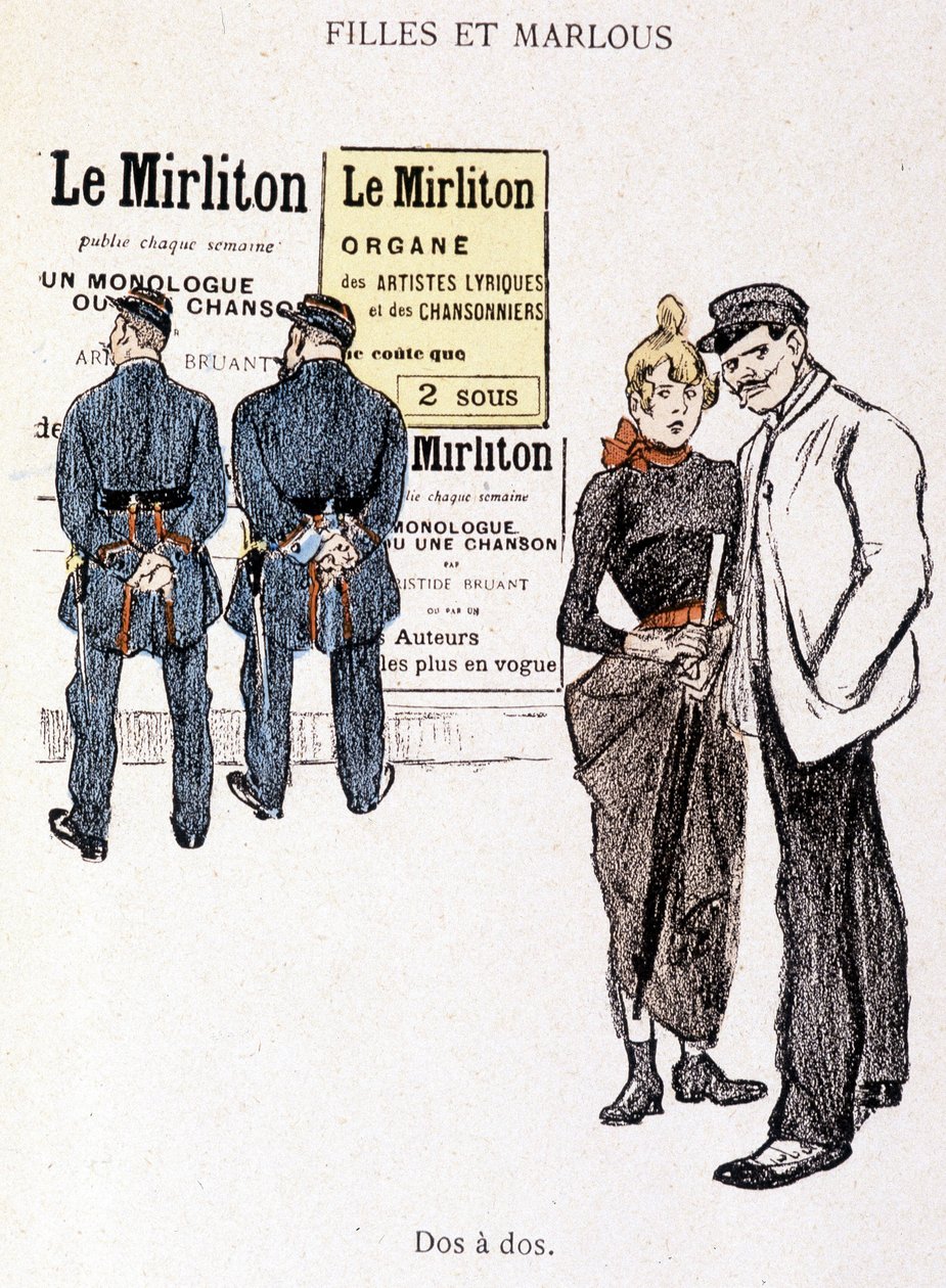 Lány és Marlou: egy strici és egy prostituált két rendőr mögött. Steinlen „Az életben” című könyvében alkotó: Théophile Alexandre Steinlen