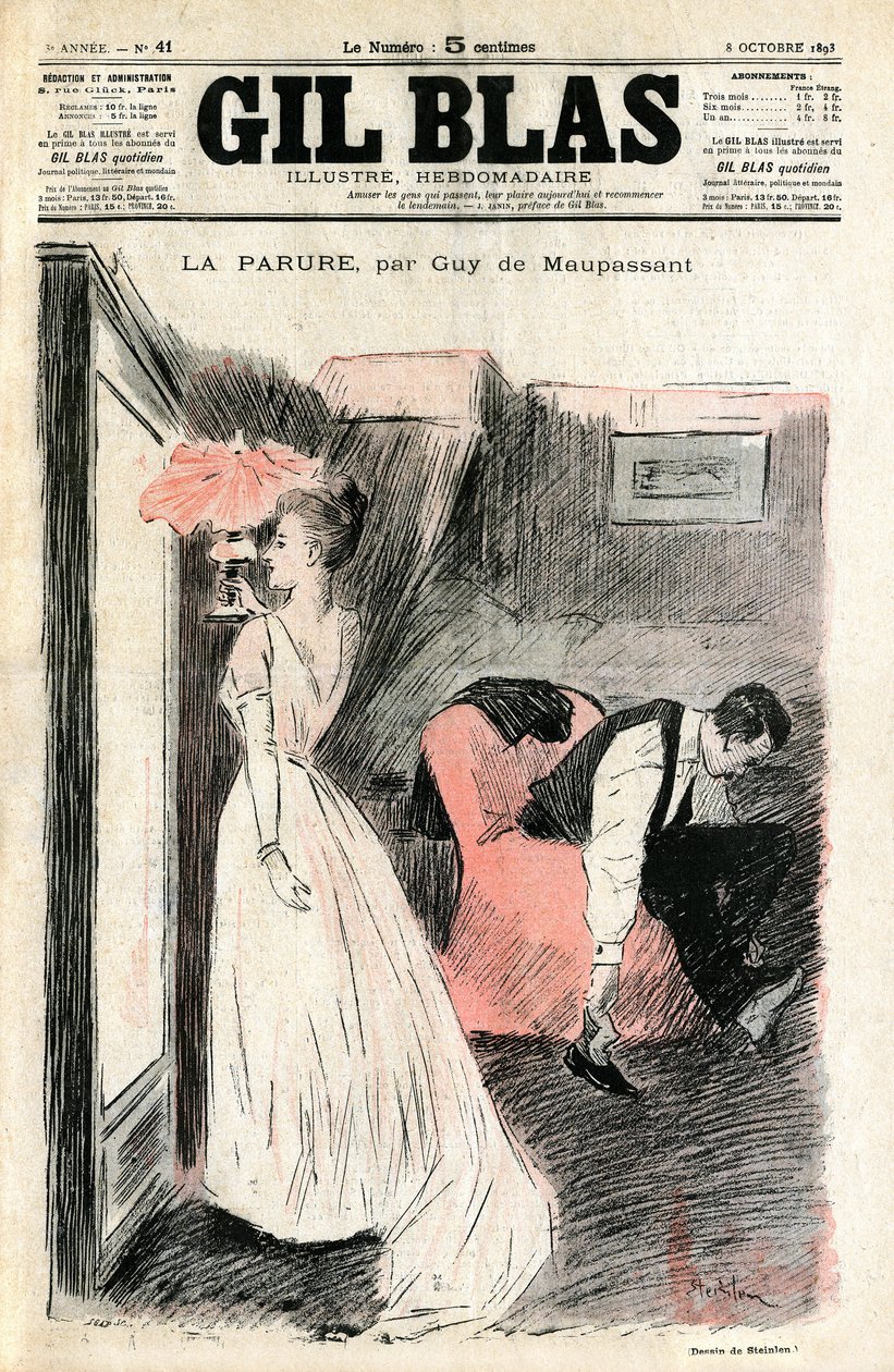 Steinlen illusztrációja Guy de Maupassant „A parure” című novellájából. Madame Loisel nézi magát a tükörben, miközben férje leveszi a cipőjét. Rájön, hogy elvesztette a nyakláncot (gyémántfolyó), amelyet barátja, Madame Fores kölcsönzött neki alkotó: Théophile Alexandre Steinlen
