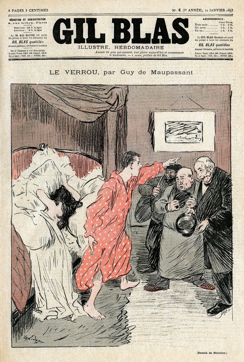 Steinlen illusztrációja Guy de Maupassant „A zár” című novellájából. Törvénytelen pár elkapott teljes szerelemben ebat - Adultere, meglepetés. A Gil Blas 4. szám borítója, január 22 alkotó: Théophile Alexandre Steinlen