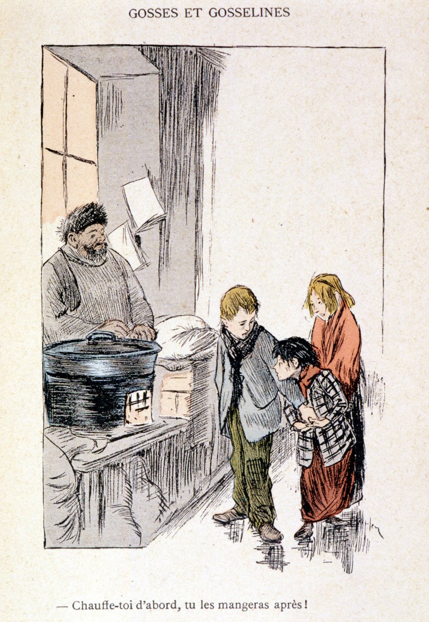 Gyerekek és Gosselines: Először melegítsd fel magad, utána megeszed! Steinlen 1901-es „” In Life” című könyvében alkotó: Théophile Alexandre Steinlen