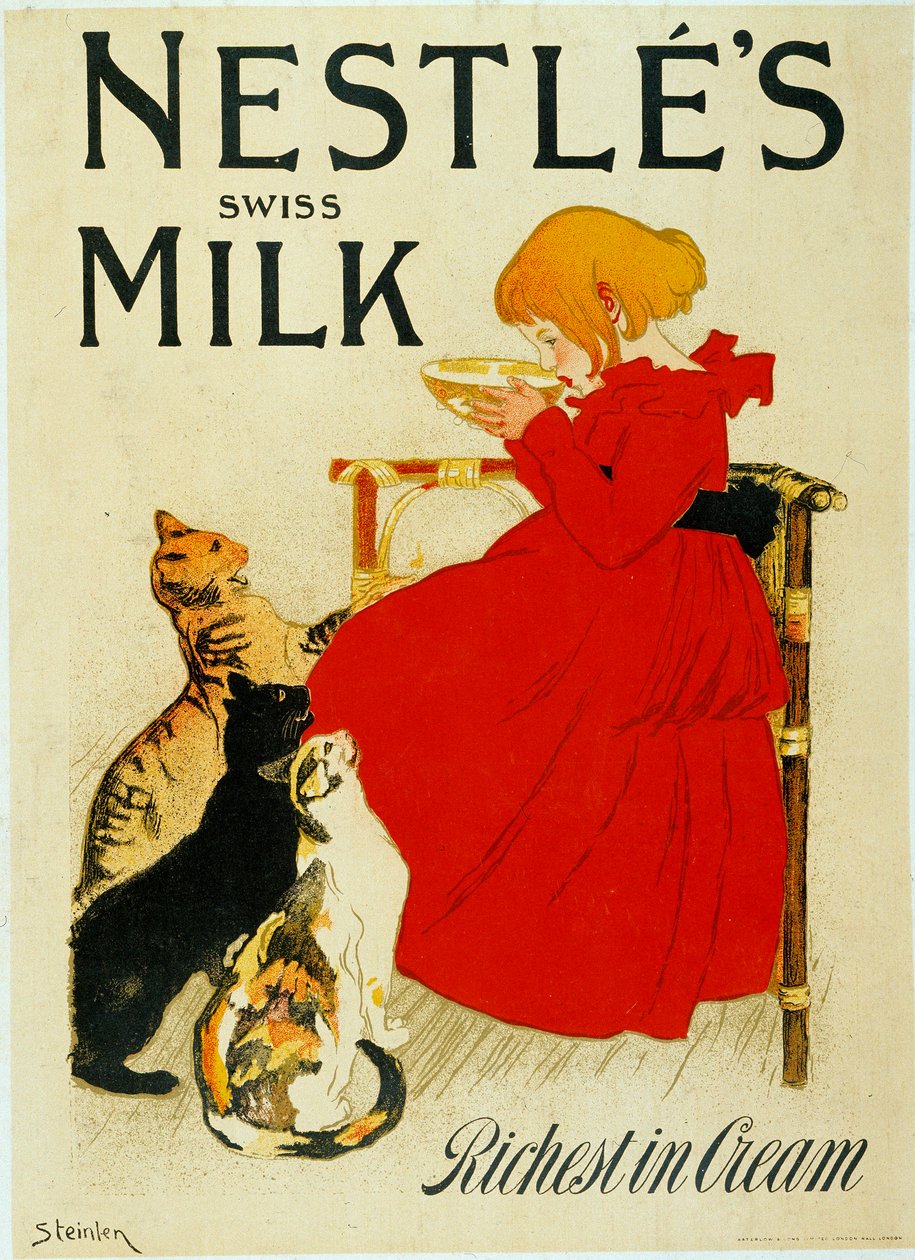 Nestle Advertising: "" Nestle svájci teje"". Egy lány egy tál tejet iszik irigy macskák előtt. Theophile Alexandre Steinlen (1859 - 1923) plakátja, XX. század. Párizs, dekoratív művészet. alkotó: Théophile Alexandre Steinlen