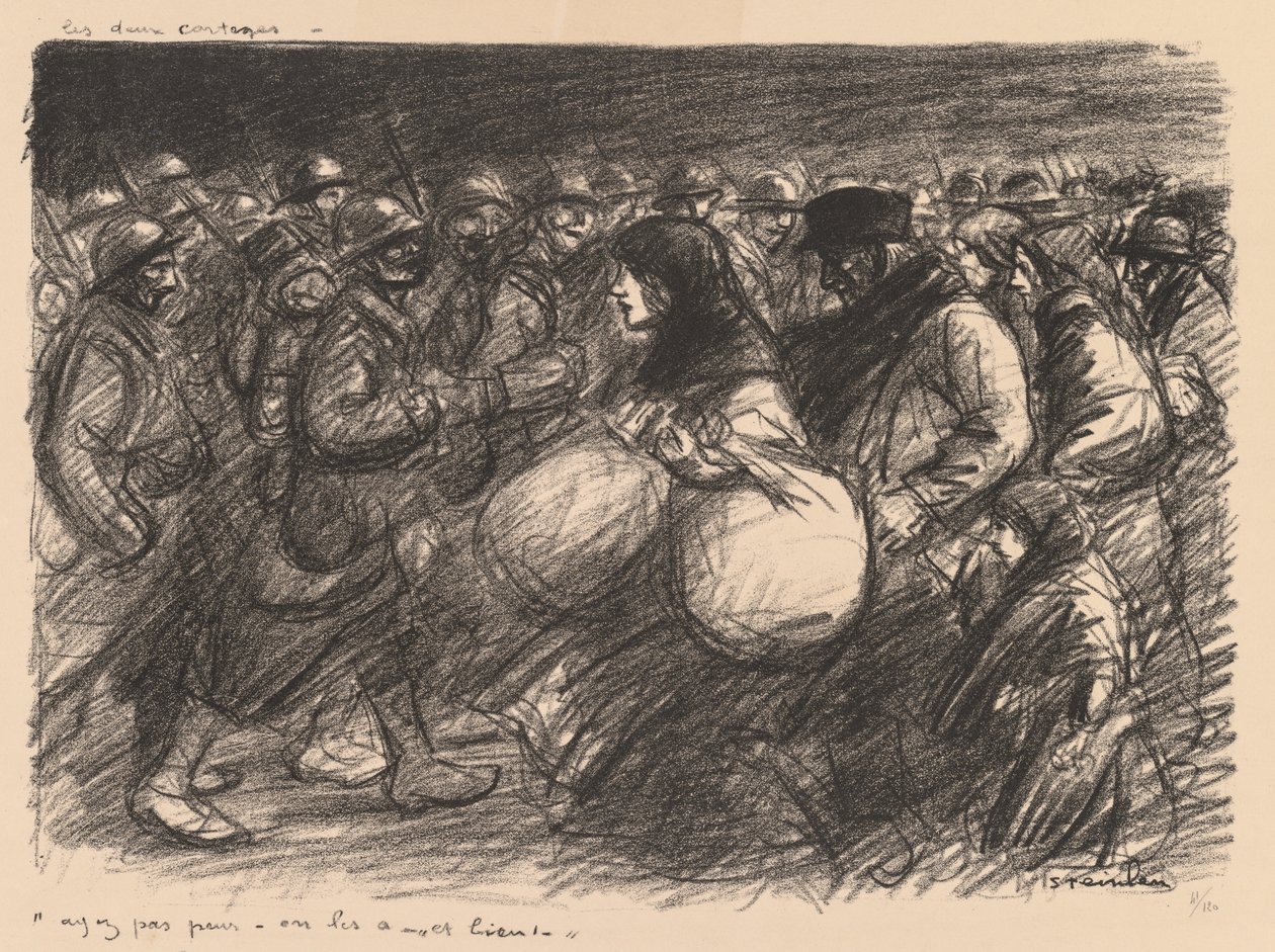 Háborús vázlatok: A két menet (Sketches de guerre: Les deux cortèges - "Ayez pas peur - on les a - et bien!") alkotó: Théophile Alexandre Steinlen