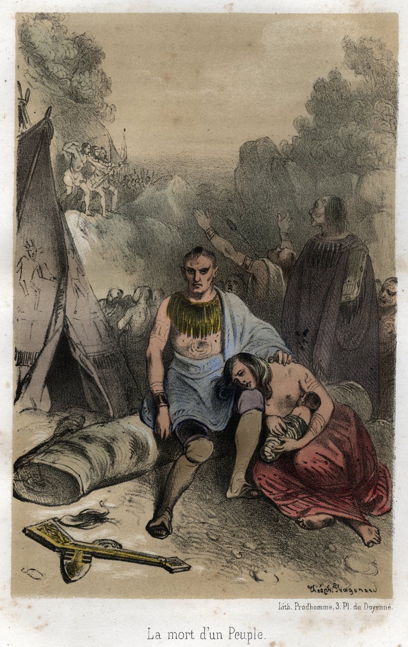 A huronok mészárlása az irokézek által Kanadában 1763-ban (Párizsi Szerződés). A jezsuiták drámai és festői története a rend alapításától napjainkig” című metszet 1845-ből, Adolphe Boucher, rajza Theophile Fragonar alkotó: Theophile Evariste Fragonard