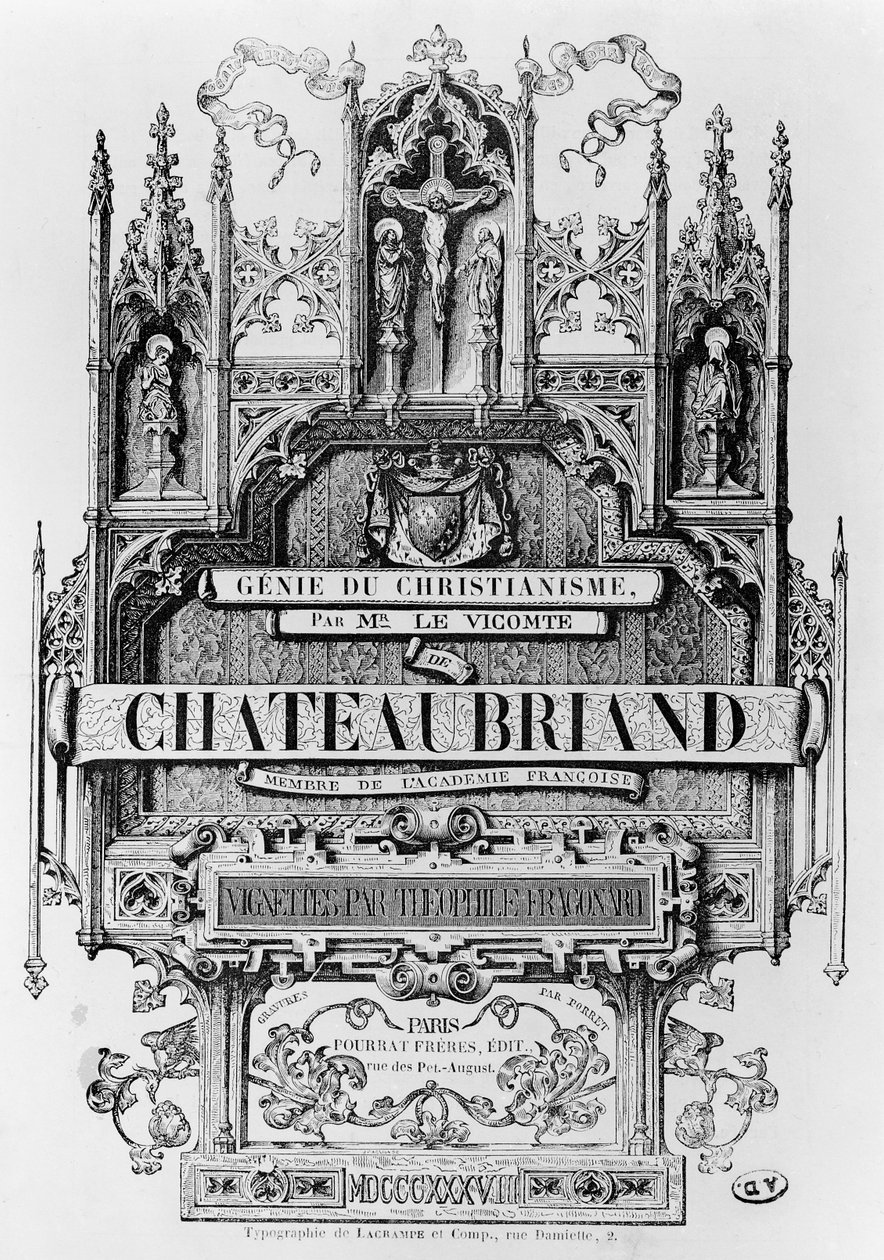 Francois Rene (1768-1848) Chateaubriand vikomtja „Le Genie du Christianisme” címlapja, Henri Desire Porret metszete, 1838 alkotó: Theophile Evariste Fragonard