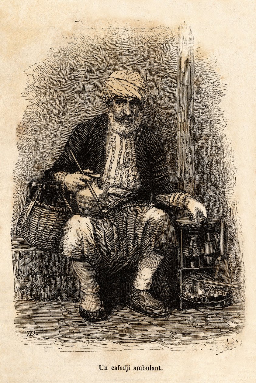 Egy kávézói eladó (cafedji) utazik Trebizonde bazárjában (a mai Trabzon, a Fekete-tenger partján), metszet a narrátor rajza után, egy 1869-es lazisztáni és örményországi utazást illusztrálva, Theophile Deyrolle kiadásában a „” Le to alkotó: Theophile Louis Deyrolle
