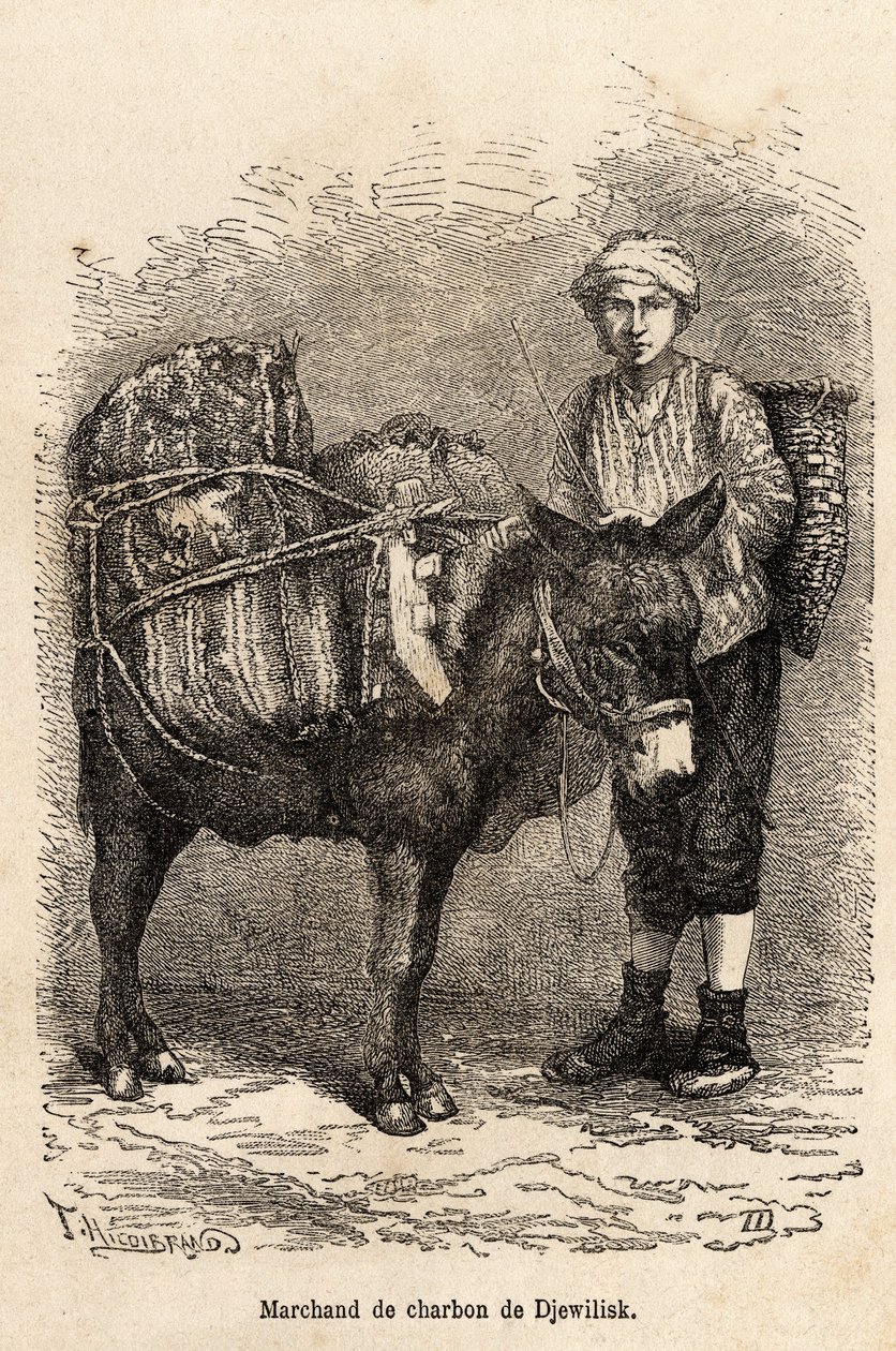 Szénkereskedő szamarával Djewiliskben (Észak-Anatólia), amelyet az elbeszélő 1869-es lazisztáni és örményországi utazását illusztráló rajza nyomán metszett, Theophile Deyrolle, megjelent a „Le tour du monde” 1875-ben, szerkesztette Edouard Charton alkotó: Theophile Louis Deyrolle