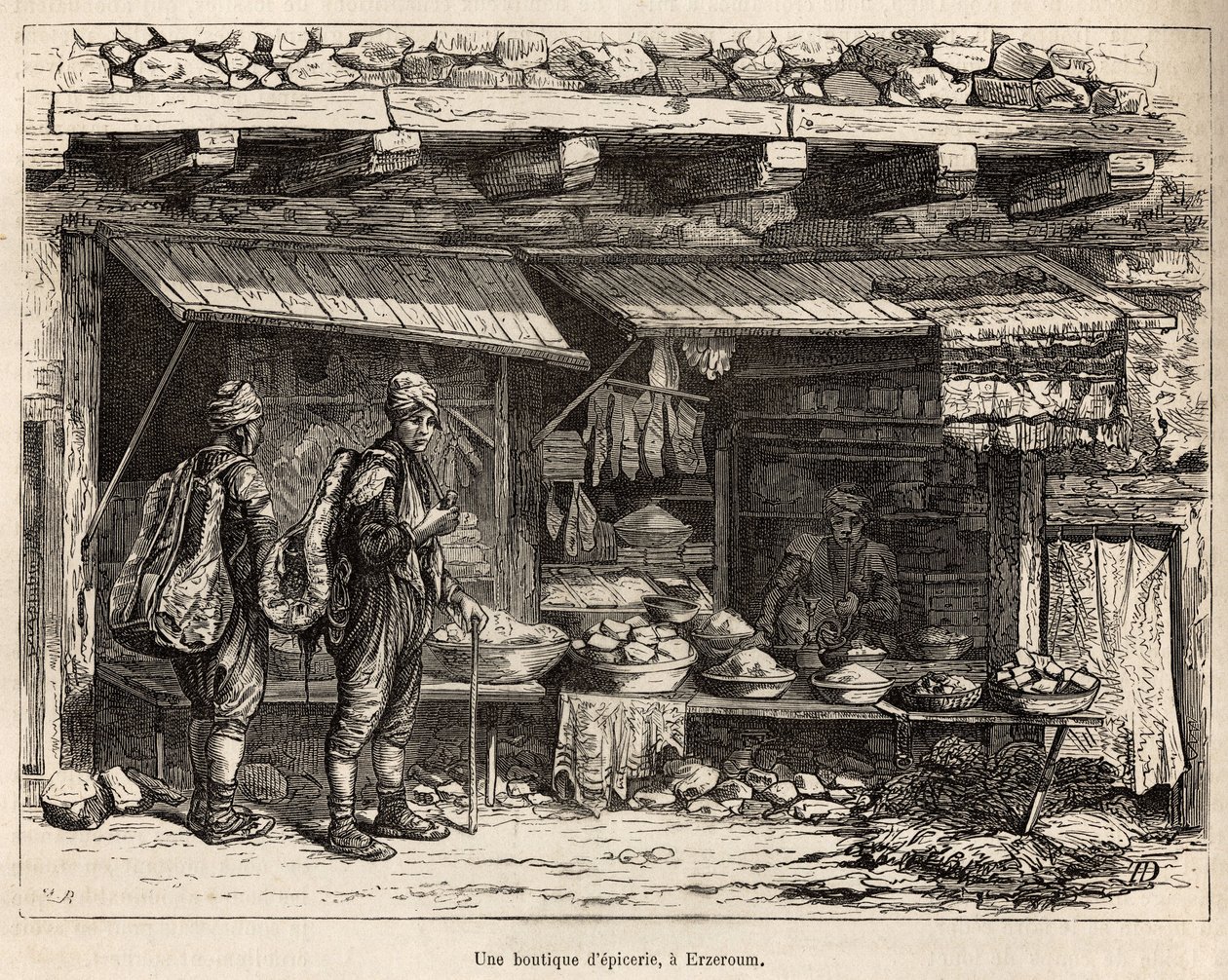 Élelmiszerbolt Erzeroumban (Örményország), a szerző rajza nyomán gravírozva, amely a lazisztáni és örményországi utazást illusztrálja, Theophile Deyrolles 1869-ben, megjelent a "" Le tour du monde"" 1875-ben, szerkesztette Edouard Charton, Hachette kiadás, alkotó: Theophile Louis Deyrolle