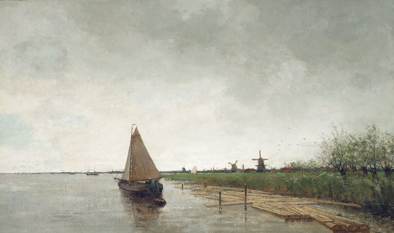 Folyói táj edényekkel, túl város (olaj, vászon) alkotó: Theophile de Bock