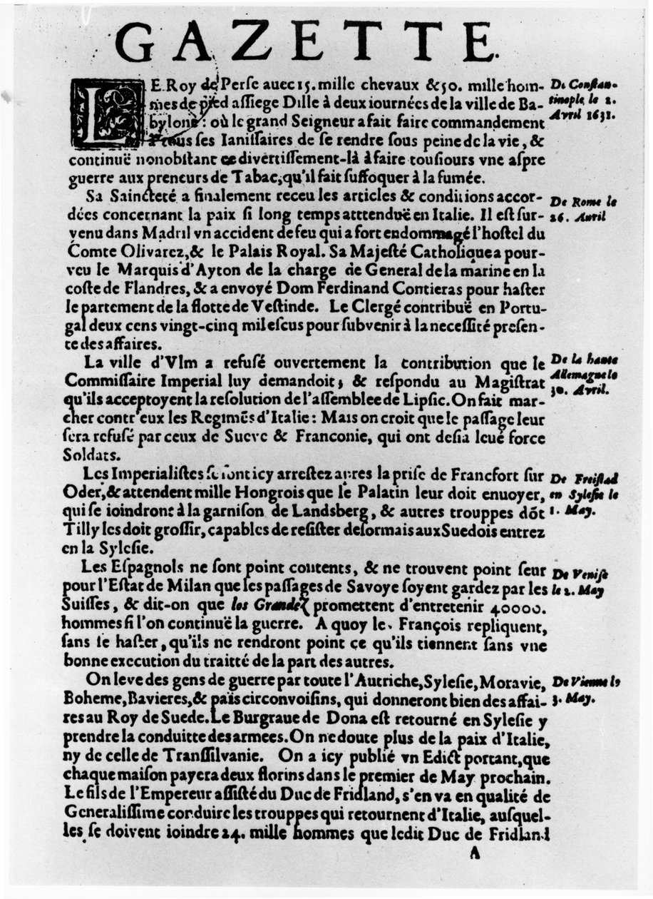 Szövegoldal a „La Gazette”-ből, amely egy Babilon melletti város perzsa király általi ostromát írja le, 1632 alkotó: Theophraste Renaudot