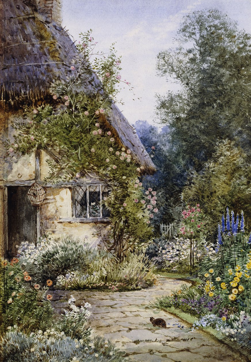 Víkendház kert macskával az előtérben; és nyáron egy Cottage Border alkotó: Theresa Sylvester Stannard