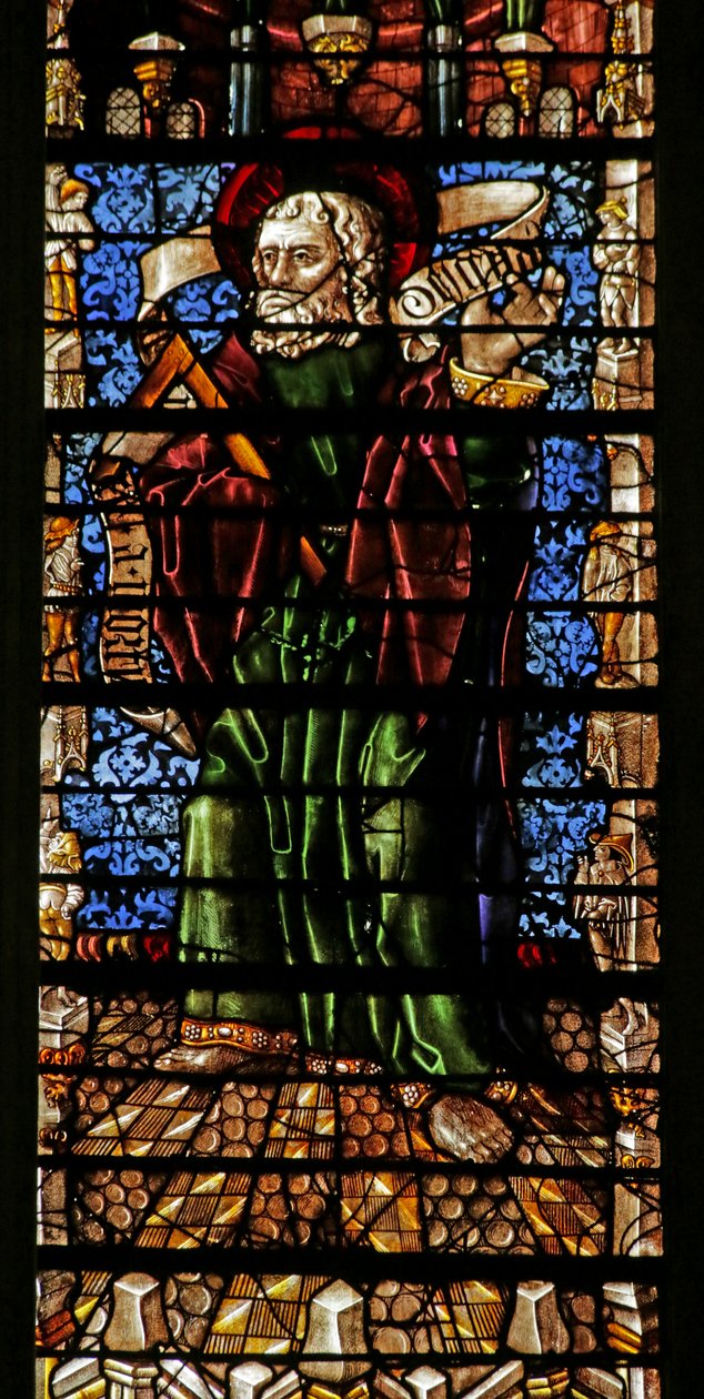 Szent Tamás apostolt ábrázoló ablak Creed-tekerccsel (ólomüveg) alkotó: Thiebaut de Lixheim