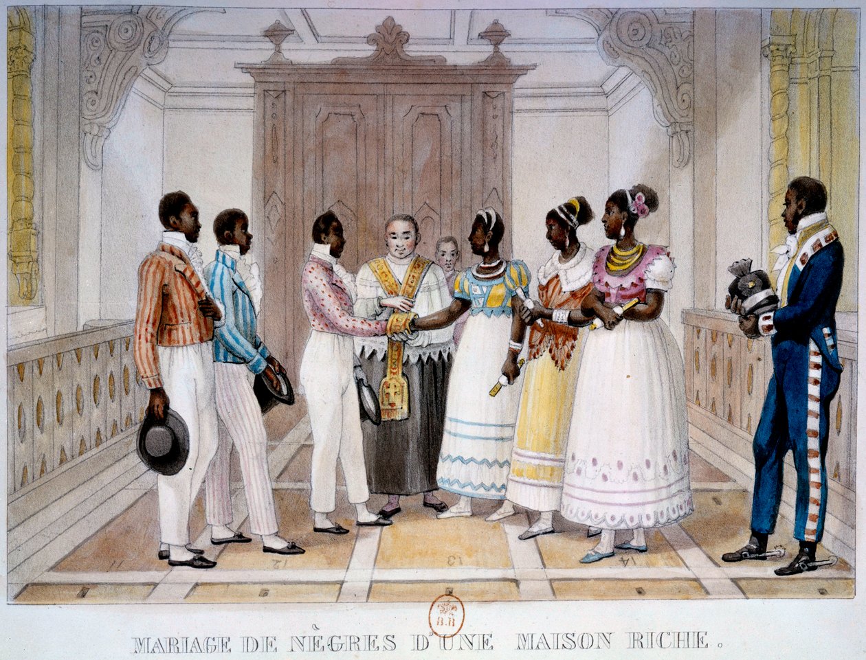 Gazdag ház négereinek esküvője Thierry Freres litográfiája a „Voyage Picturesque et Historique au Brazil” című filmből, Jean Baptiste Debret (1768-1848) 1839 Párizs, B.N. alkotó: Thierry Frères