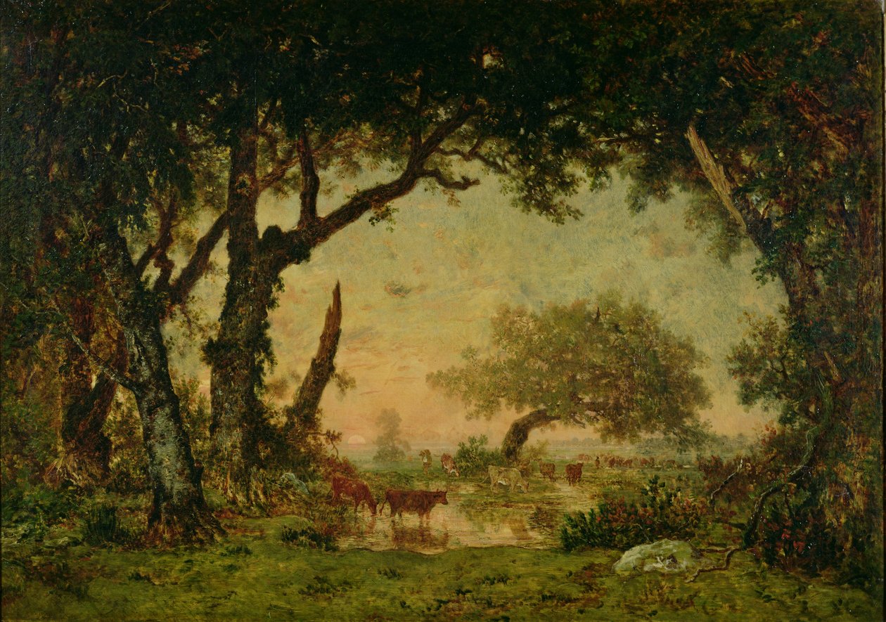 Az erdő széle Fontainebleau-ban, lenyugvó nap, 1850-51 alkotó: Pierre Etienne Theodore Rousseau