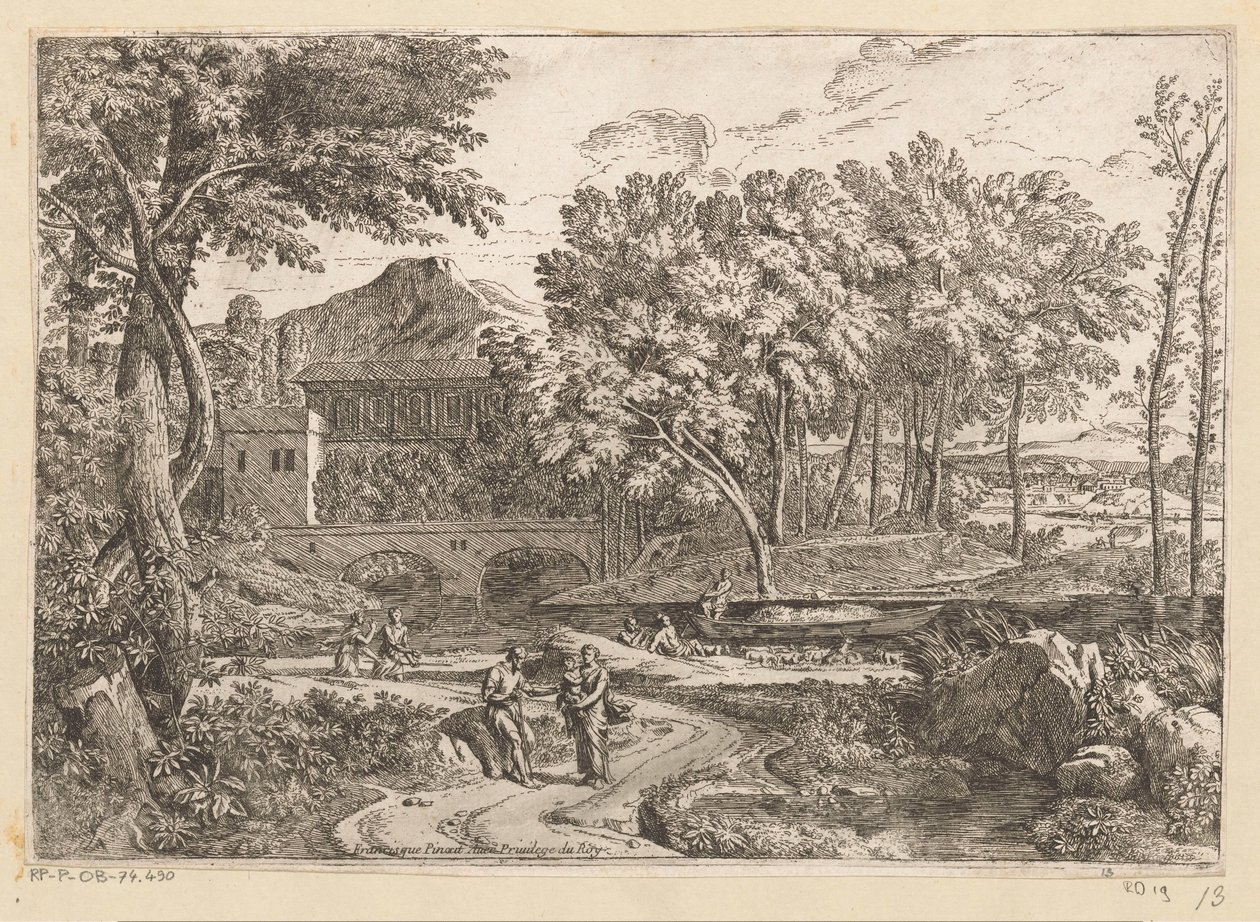 Árkádiai táj kecskecsordával a víz mellett, anyával és gyermekével egy ösvényen más alakokkal Suite de Paysages (sorozat címe) alkotó: Théodore