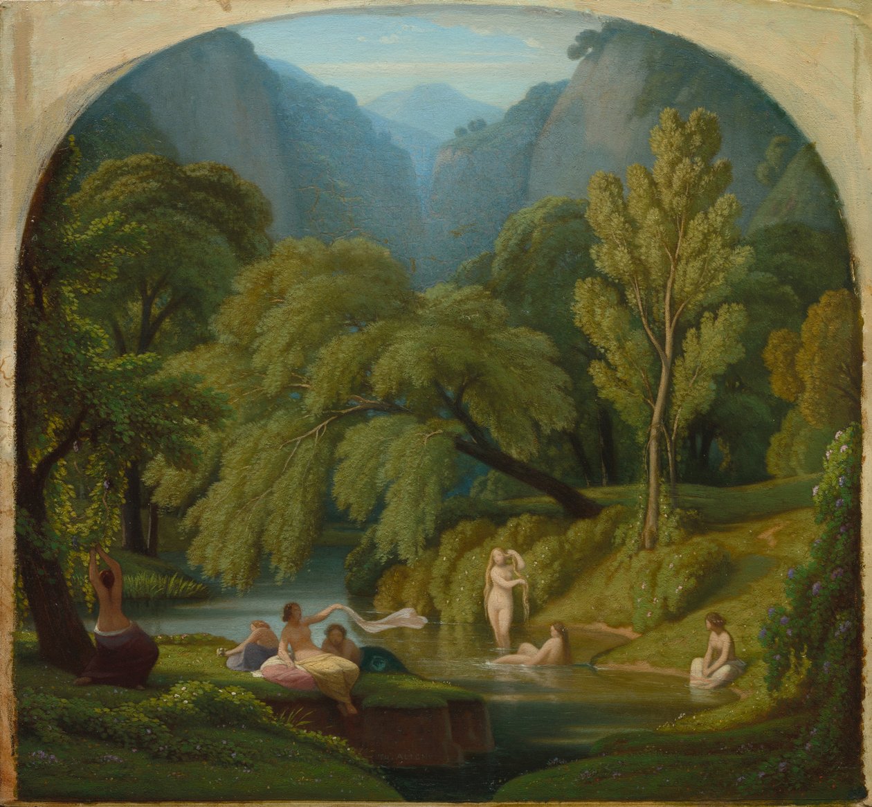 A fürdőzők, emlékkép a Tivoli Anio folyó partjáról, 1860-61 körül (olaj, fapanel) alkotó: Théodore Caruelle d