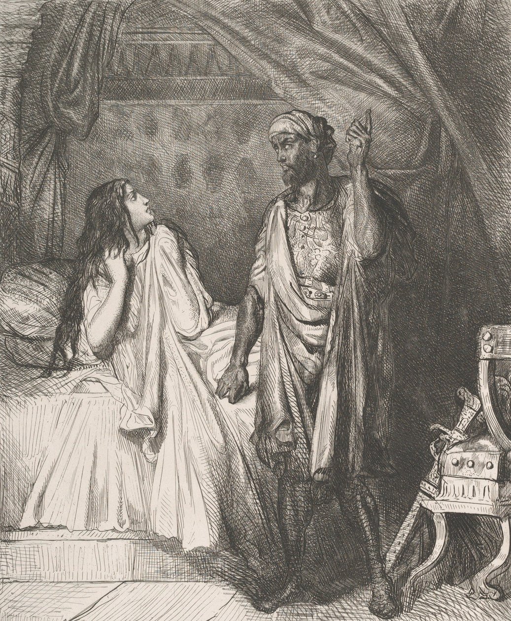 Imádkozott már ma este, Dedesmona: 12. tábla az Othello Act 5-ből, ..., 1844-ben metszett, 1900-ban újranyomva. alkotó: Théodore Chassériau