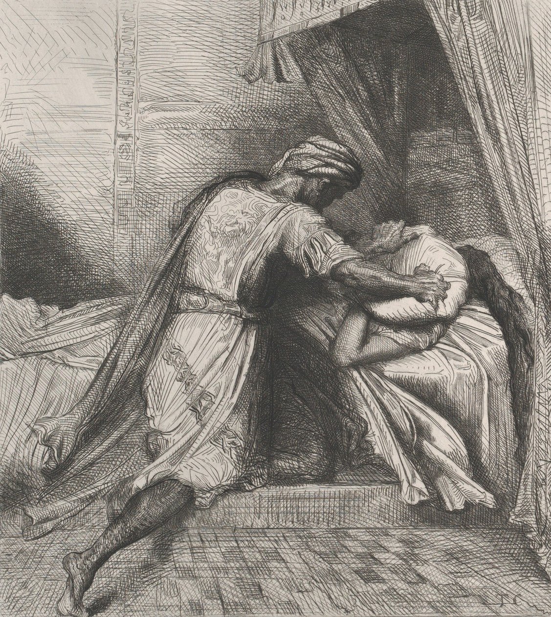 Megfojtja: 13. lemez az Othello Act 5 2. jelenetéből, 1844-ben metszett, 1900-ban újranyomva. alkotó: Théodore Chassériau