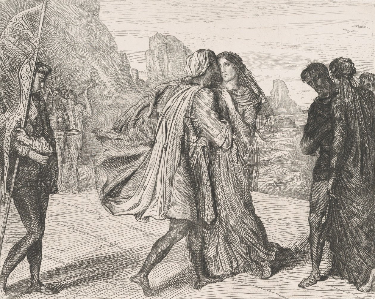 Ó, tisztességes harcosom!: 5. tábla az Othello 2. felvonás 1. jelenetéből, 1844-ben metszett, 1900-ban újranyomva. alkotó: Théodore Chassériau