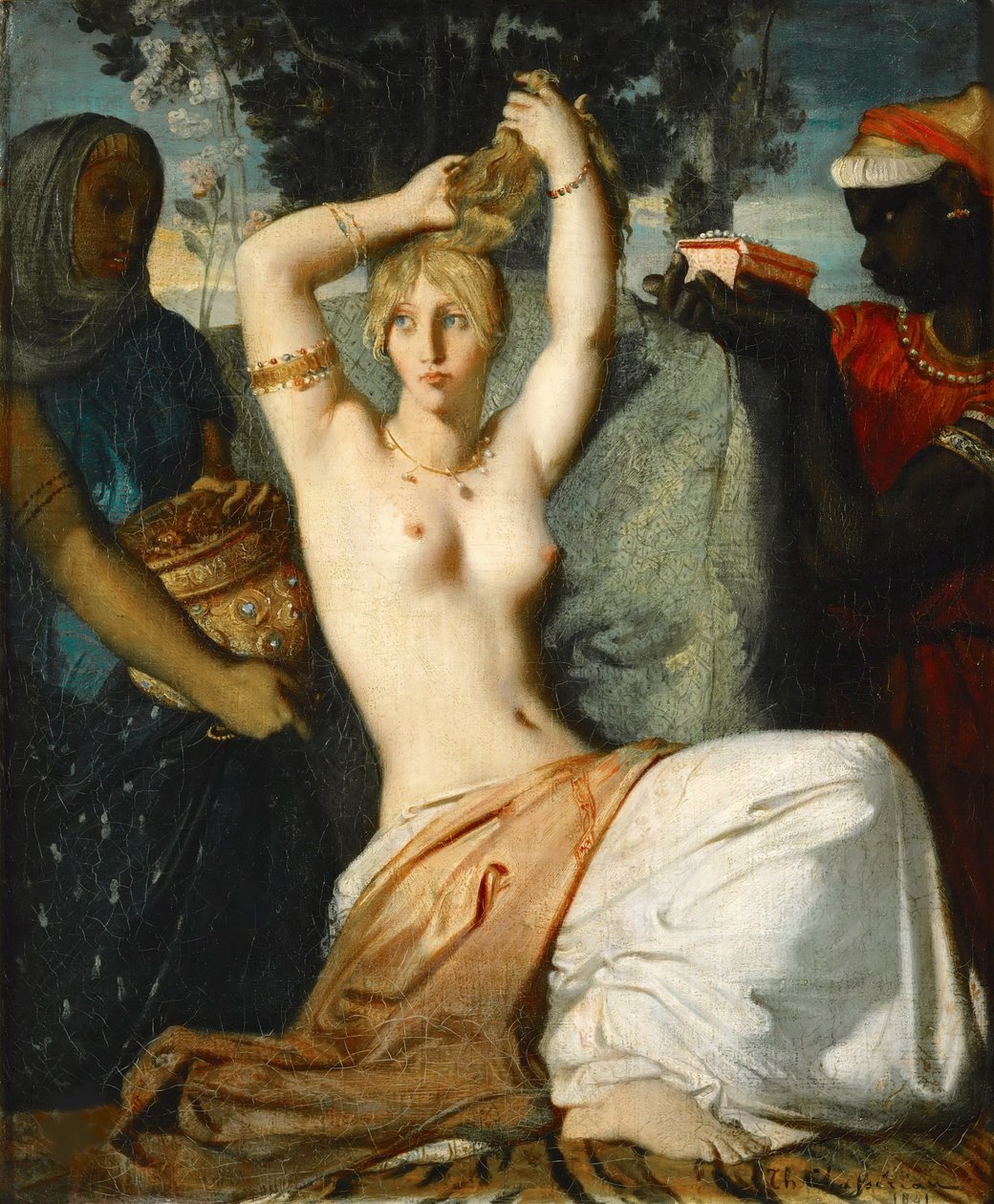 Eszter Eszter vécéje Ahasvérus királynak való bemutatásra készül, 1841. alkotó: Théodore Chassériau