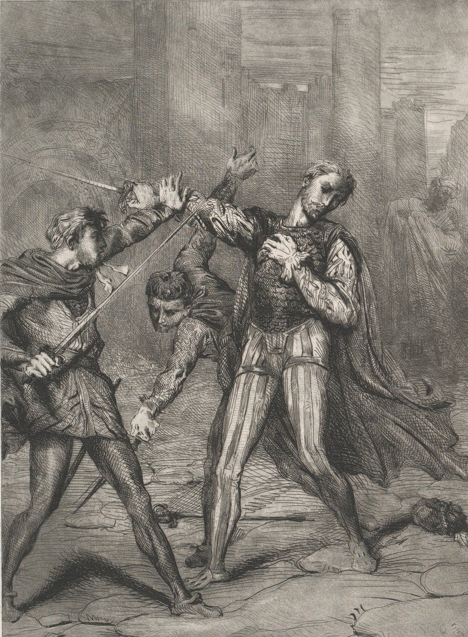 Gazember, te halsz meg: 10. tábla az Othello 5. felvonás 1. jelenetéből, 1844-ben metszett, 1900-ban újranyomva. alkotó: Théodore Chassériau