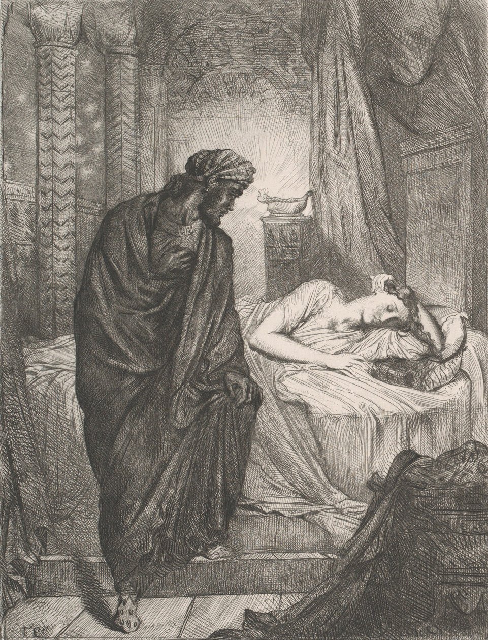 Mégis meg kell halnia: 11. lemez az Othello Act 5 2. jelenetéből, 1844-ben metszett, újranyomva 1900-ban. alkotó: Théodore Chassériau