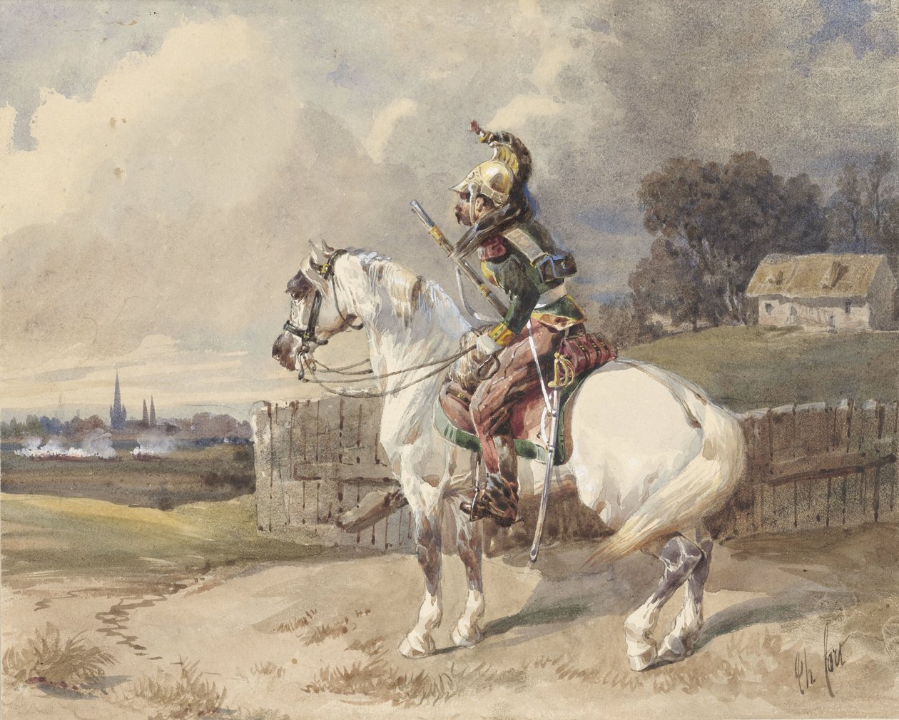 Francia dragonyos fehér lovon, balra fordulva, profilban alkotó: Théodore Fort (signed by artist)