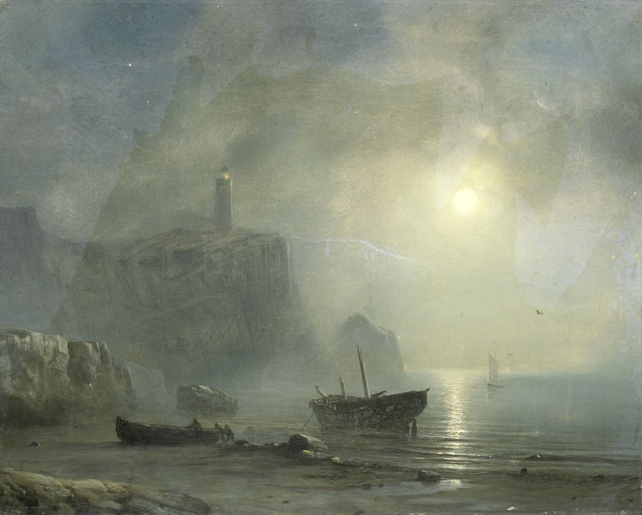 Kilátás a sziklás partra a Holdfényben alkotó: Théodore Gudin (attributed to)